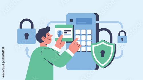 man using an id card for a secure access system, vector illustration