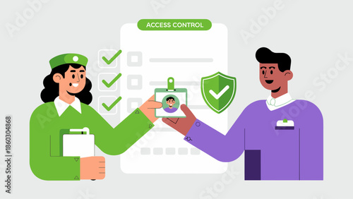 security guard checking an id badge for access control vector illustration 