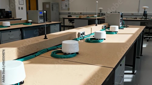 White radio frequency testing equipment with teal coiled cables sits on wooden laboratory tables in a bright, modern lab