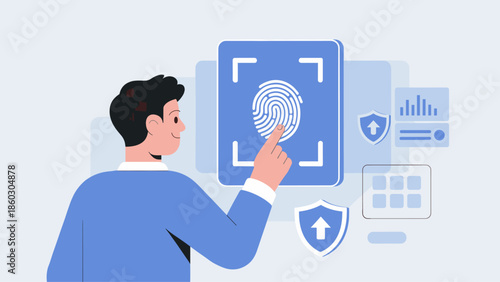 man scanning his fingerprint for biometric authentication vector illustration 