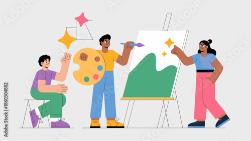 diverse group of people painting together on a canvas vector illustration
