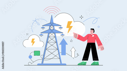 man with an electricity tower connected to a cloud network vector illustration 