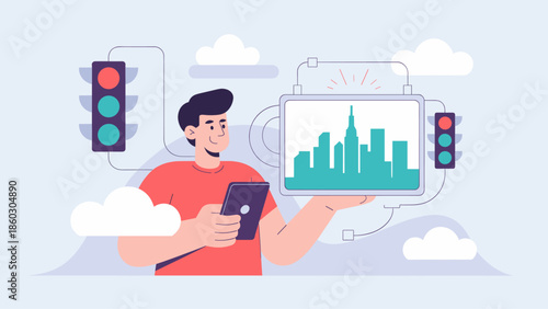 man using a phone to manage traffic flow in a smart city vector illustration