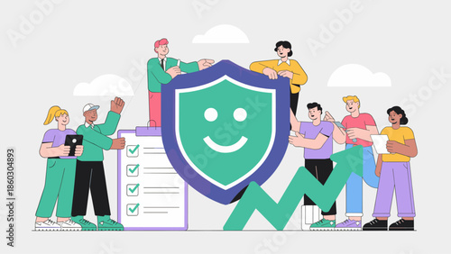 diverse team of people around a large shield with a smile vector illustration