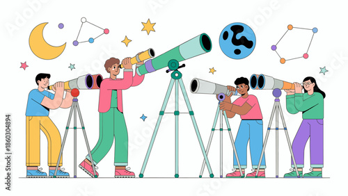 group of people looking at stars through telescopes vector illustration