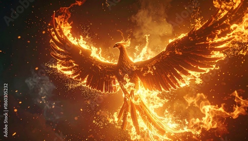 Fiery Phoenix Rising from Flames.