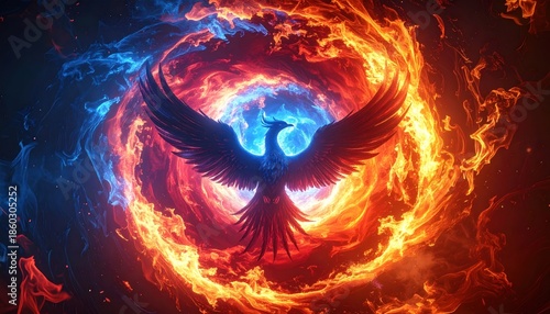 Fiery Phoenix Rising from Flames.