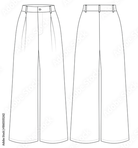 Women Wide Leg Pants Technical Flat Vector Illustration Front and Back View