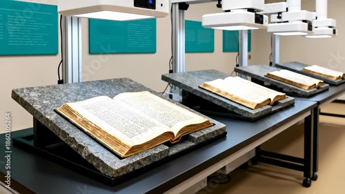 Archival books are open on stone scanning tables under white overhead lights in a library or museum