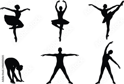 Ballet and fitness pose silhouettes, graceful dancer movements, yoga and exercise positions, black vector illustration set isolated on white background