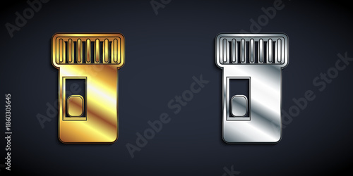 Gold and silver Vitamin complex of pill capsule icon isolated on black background. Healthy lifestyle. Long shadow style. Vector