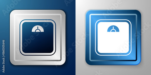 White Bathroom scales icon isolated on blue and grey background. Weight measure Equipment. Weight Scale fitness sport concept. Silver and blue square button. Vector