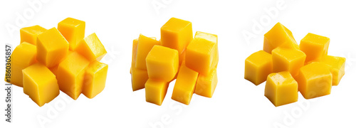 Diced mango cubes on transparent background fresh fruit display studio shot bright colors