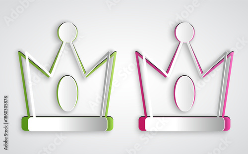 Paper cut King crown icon isolated on grey background. Paper art style. Vector