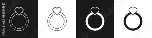 Set Diamond engagement ring icon isolated on black and white background. Vector