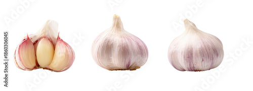 Fresh garlic bulbs display kitchen food photography close-up transparent background