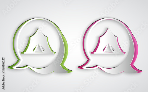 Paper cut Circus tent icon isolated on grey background. Carnival camping tent. Amusement park. Paper art style. Vector