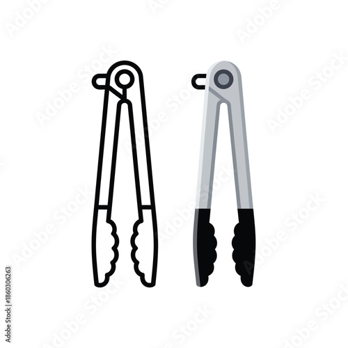 A detailed illustration showcases two distinct representations of stainless steel kitchen tongs one outlined and one shaded