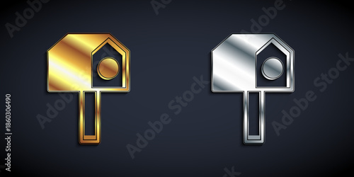 Gold and silver Bird house icon isolated on black background. Nesting box birdhouse, homemade building for birds. Long shadow style. Vector