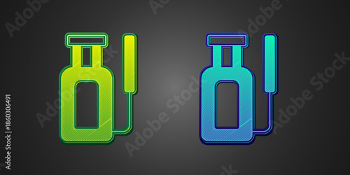 Green and blue Garden sprayer for water, fertilizer, chemicals icon isolated on black background. Vector
