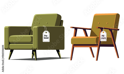 Two pre-loved armchairs displayed side by side