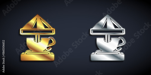 Gold and silver Attraction carousel icon isolated on black background. Amusement park. Childrens entertainment playground, recreation park. Long shadow style. Vector