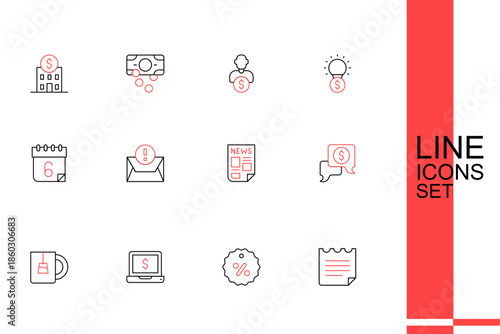 Set line Notebook, Discount percent tag, Laptop with dollar, Cup of tea, Business negotiations, News, Envelope and Calendar icon. Vector