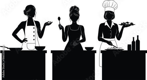 Female chefs cooking silhouette vector illustration, women preparing food in kitchen, black and white culinary scene design, minimal modern cooking artwork set