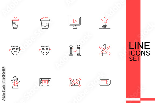 Set line Cinema ticket, Prohibition no video recording, VHS cassette tape, Science fiction, No alcohol, Rope barrier, Comedy theatrical mask and Drama icon. Vector
