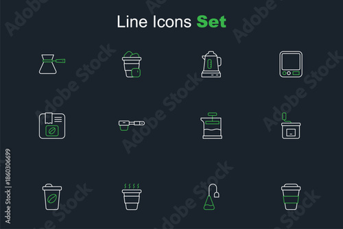 Set line Coffee cup to go, Tea bag, Manual coffee grinder, French press, filter holder and Bag beans icon. Vector