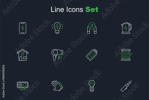 Set line Soldering iron, Creative lamp light idea, Electric glove, Electrical outlet, Wire electric cable reel, Battery charge, Hair dryer and Smart home icon. Vector