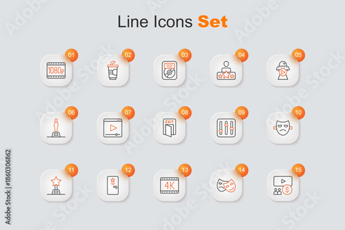 Set line Cinema auditorium with screen, Comedy and tragedy masks, 4k movie, Backstage, Movie trophy, Drama theatrical, Sound mixer controller and Fire exit icon. Vector