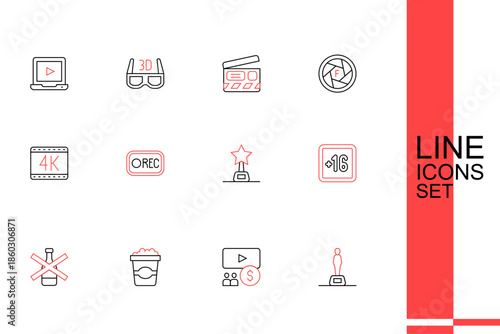 Set line Movie trophy, Cinema auditorium with screen, Popcorn cardboard box, No alcohol, Plus 16 movie, Record button and 4k icon. Vector