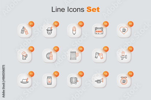 Set line Street signboard with beer, Trumpet, Wooden barrel on rack, Beer can, Oktoberfest hat, tap, Glass of and mug icon. Vector