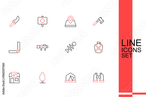 Set line Binoculars, Tourist tent, Tree, Hunting shop, Canteen water bottle, Dead fish, Sniper optical sight and Trap hunting icon. Vector