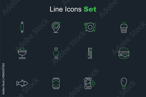 Set line Chicken leg, Food ordering on mobile, Soda can, Fish, Burger, chopsticks, and Ice cream the bowl icon. Vector
