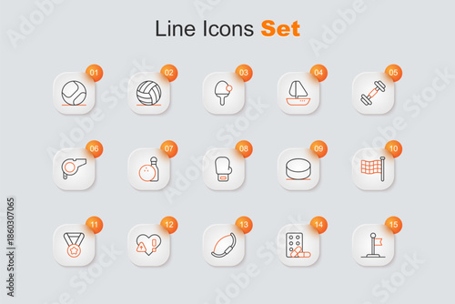 Set line Flag, Sports doping with dumbbell, Medieval bow, Heart rate, Medal, Checkered flag, Hockey puck and Boxing glove icon. Vector