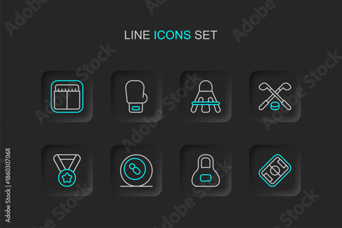 Set line Football field, Weight, Billiard pool snooker, Medal, Ice hockey sticks and puck, Badminton shuttlecock, Boxing glove and Sport mechanical scoreboard icon. Vector