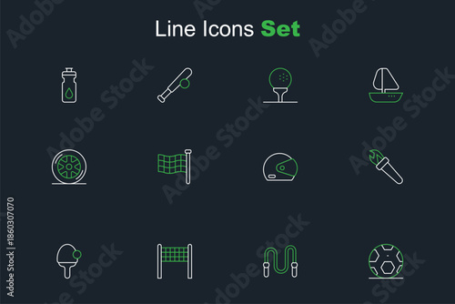 Set line Soccer football ball, Jump rope, Volleyball net, Racket, Torch flame, Racing helmet, Checkered flag and Car wheel icon. Vector