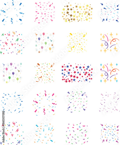 Confetti Background Icon set. Multicolor confetti abstract background with a lot of falling pieces, isolated on a white background. congratulatory background with colored confetti and serpentine.