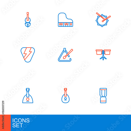Set line African djembe drum, Mandolin, Balalaika, Bongo, Guitar pick, Triangle musical instrument, Drum with sticks and Grand piano icon. Vector