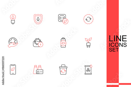 Set line Radioactive waste in barrel, Recycle bin, Factory production, Mobile phone with leaf, Electric saving plug, Eco nature battery, Water mill and Hand holding Earth globe icon. Vector