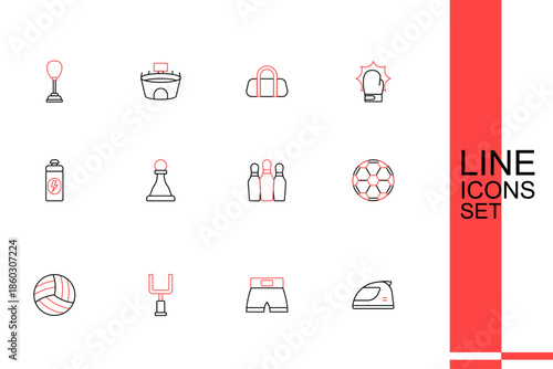 Set line Racing helmet, Boxing short, American football goal post, Volleyball, Soccer, Bowling pin, Chess and Fitness shaker icon. Vector