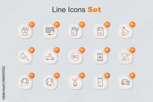 Set line Garbage truck, Electric saving plug in, Earth melting to global warming, Hand holding globe, Eco friendly house, Radioactive waste barrel and Banner for bio icon. Vector