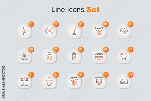 Set line Racing helmet, Basketball backboard, Medal, Baseball, Bowling pin, Punch boxing gloves, Bicycle and Fitness shaker icon. Vector