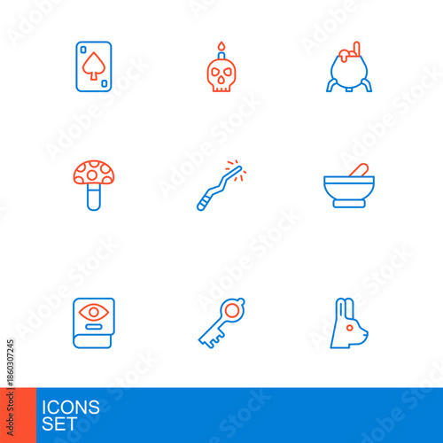 Set line Rabbit with ears, Old magic key, Ancient book, Witch cauldron, Psilocybin mushroom, Magic wand, and Burning candle skull icon. Vector
