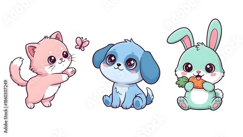 Three cartoon animals, a pink cat, blue dog, and green bunny, sitting and standing in a cute and playful composition against a plain white background with pastel colors.