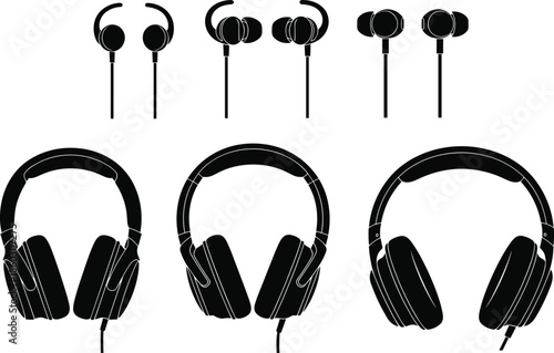 Headphones and earphones silhouette, black vector illustration, audio accessories, music gear, sound equipment, wearable tech, minimal design, listening devices