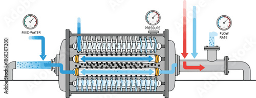 Detailed Diagram of a Water Filtration System with Pressure Gauges and Flow Indicators.