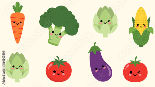 Cute Kawaii Vegetable Characters Vector Illustration - Healthy Food Icons Set